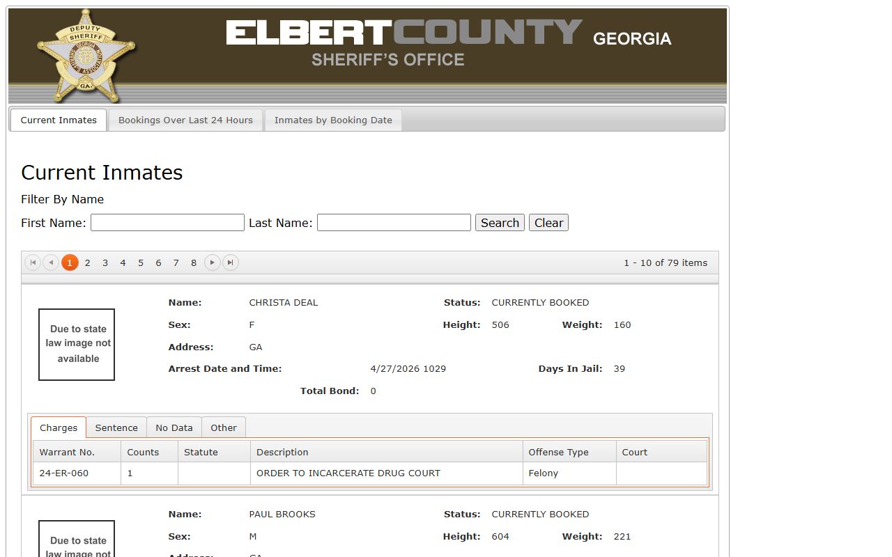 Elbert County inmate population roster search tabs