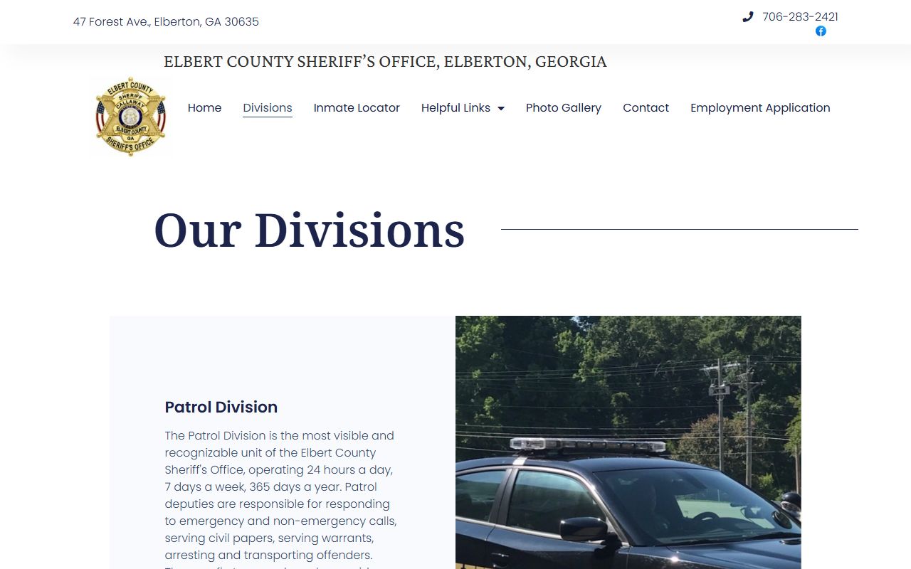 Elbert County Jail detention capacity and inmate population details from the sheriff divisions page