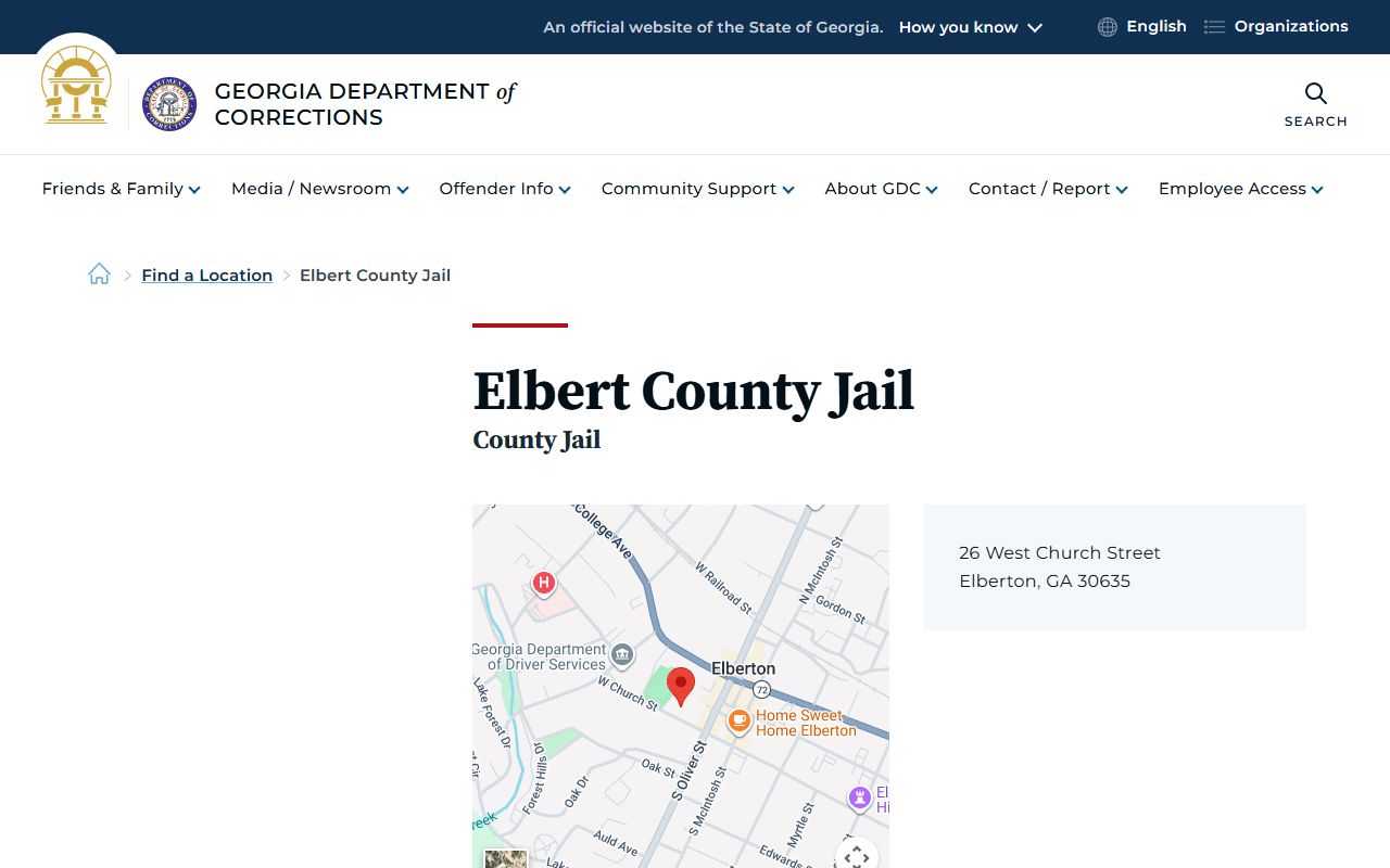 GDC Elbert County Jail location page for county jail inmate lookup context